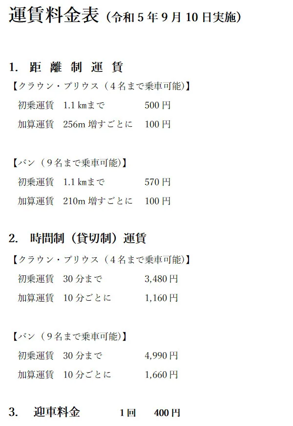 つくば市の株式会社フジ急のタクシー部門の運賃料金表の画像